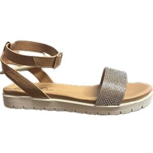 Wild Pair Jeenie Tan Sandals with Rhinestone Strap
